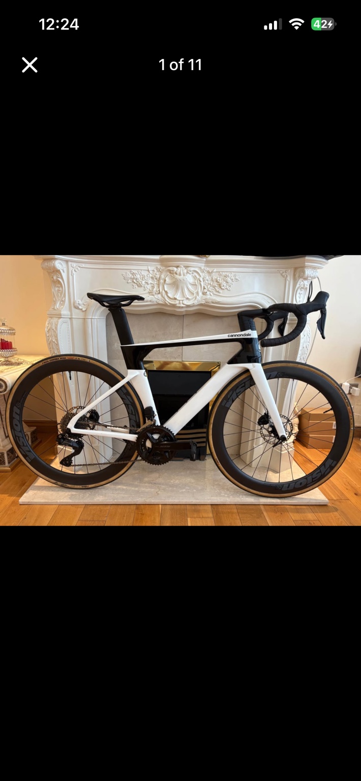 Cannondale SystemSix aero road bike with Vision carbon wheels, drive-side view