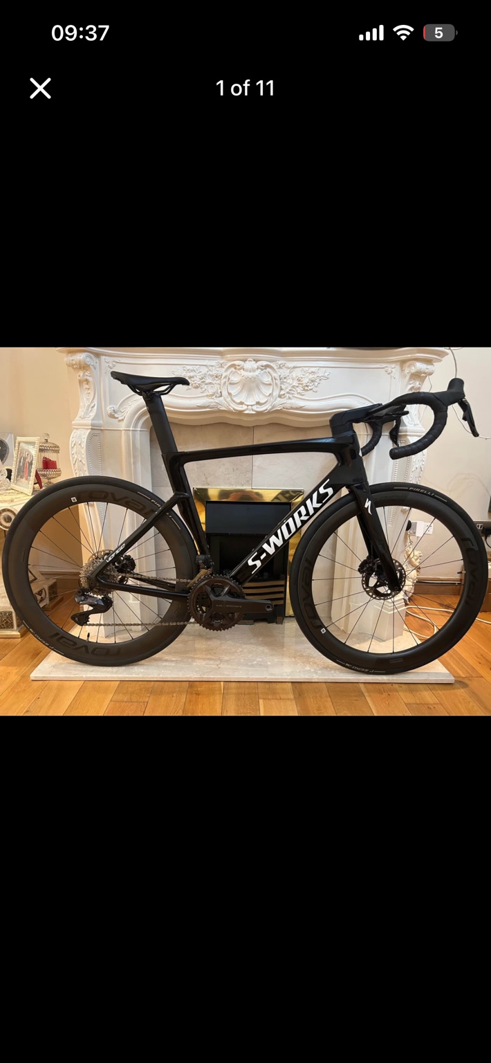 Black Specialized S-Works Venge road bike, drive-side view